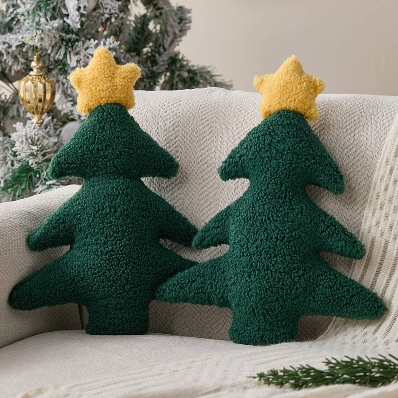 Allorry Christmas Pillows Set of 2 Green Pentagram Christmas Tree Shaped Soft Plush Christmas Decor Pillow for Party Xmas Winter Holiday Home Sofa Cushion Cases WL-006H - Image 1